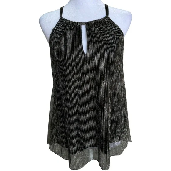 Metallic Black Gold Pleated Halter Top Sheer Overlay Date Night Party XS - Picture 4 of 12